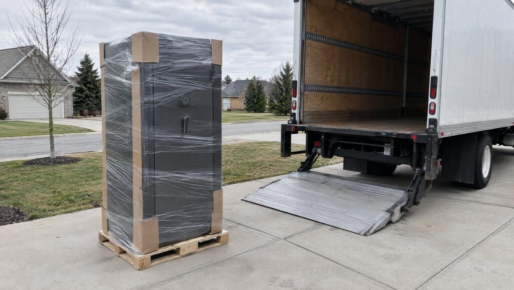 New gun safe on a shipping pallet at the end of a driveway beside a liftgate delivery truck