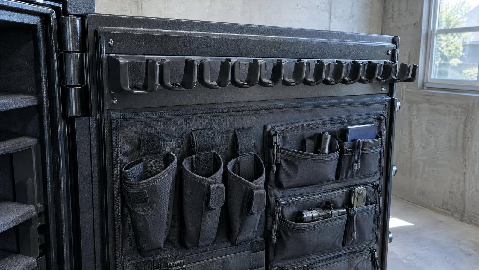 Inside of a gun safe door with an adjustable pistol rack on the top ledge and a door panel organizer below