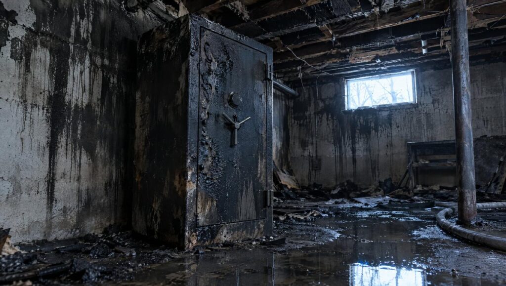 Closed steel gun safe with scorched paint standing in a fire-damaged basement with water on the floor