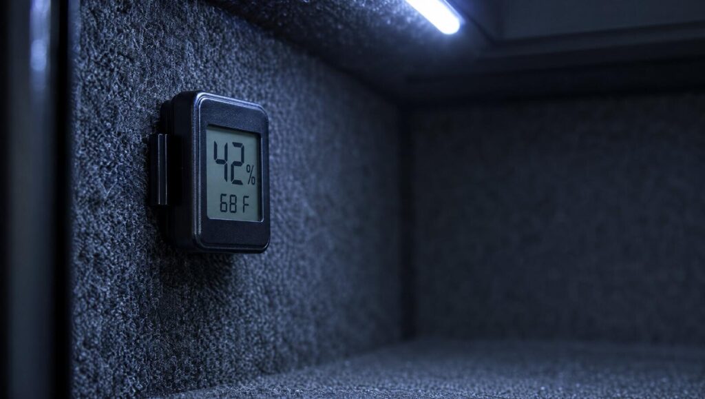 Digital hygrometer inside a gun safe reading 42 percent relative humidity