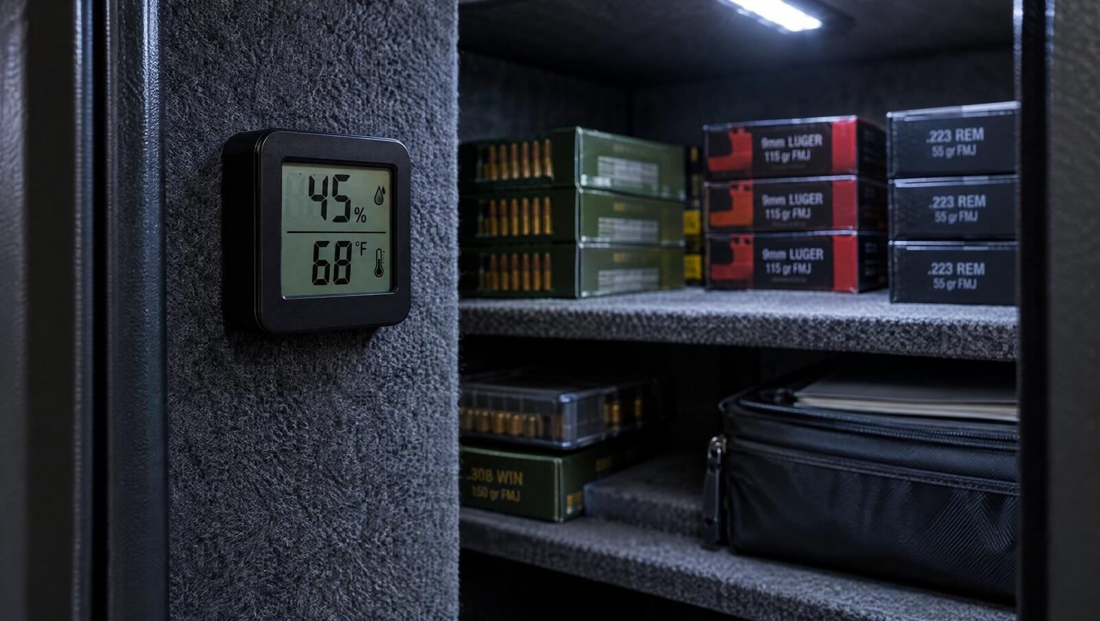 Digital hygrometer on the inside wall of a gun safe reading 45 percent humidity and 68 degrees