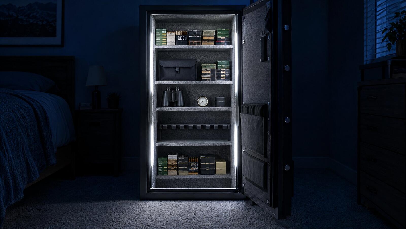 Open gun safe at night lit by LED wand lights on both sides of the door frame