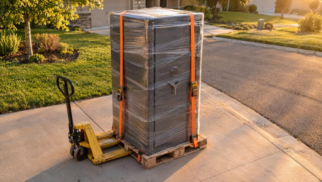 Tall steel gun safe wrapped in plastic and strapped to a pallet at the curb with a pallet jack beside it