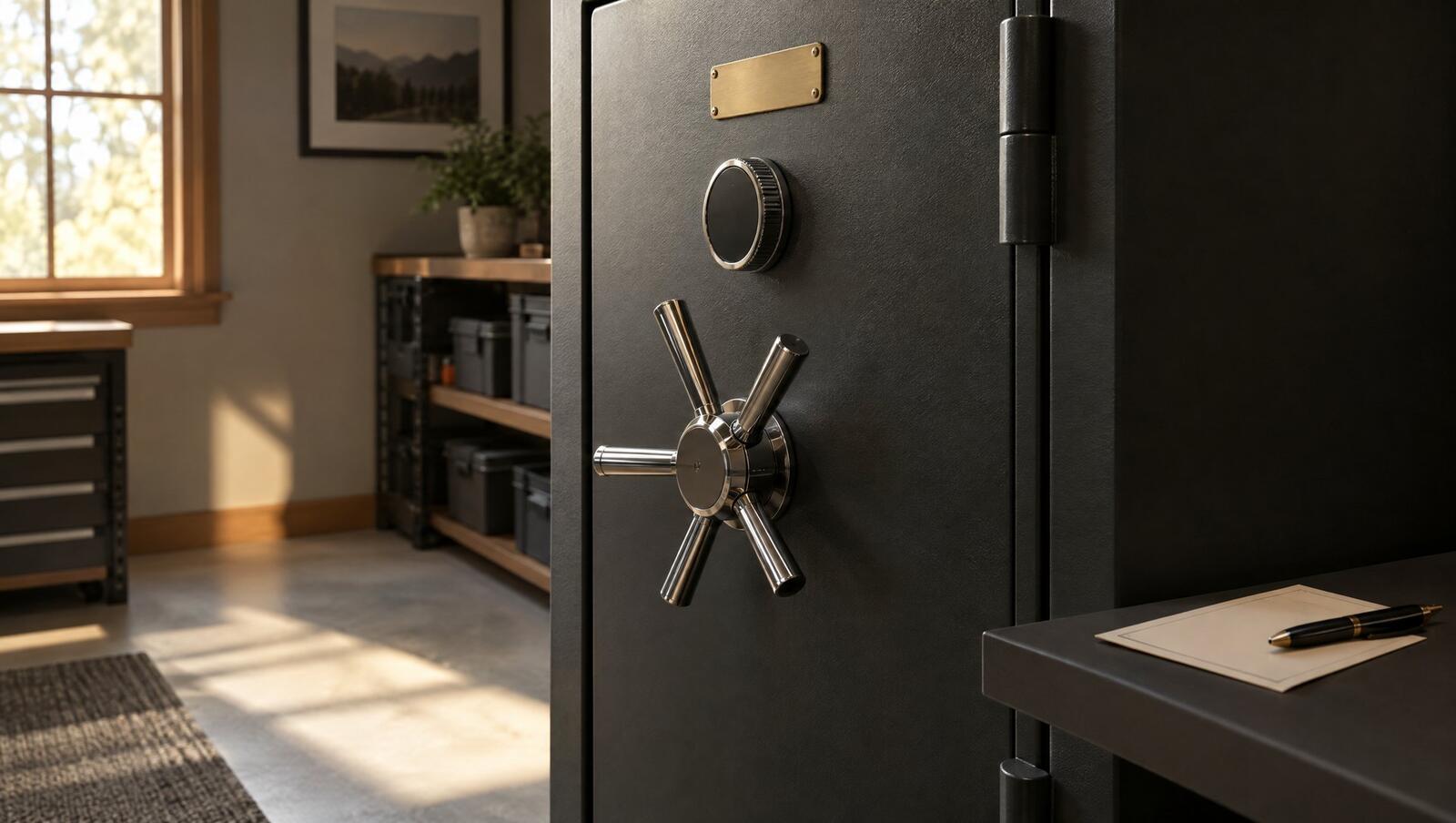 Closed charcoal gun safe door with a chrome spoke handle and a blank warranty registration card and pen on a shelf beside it