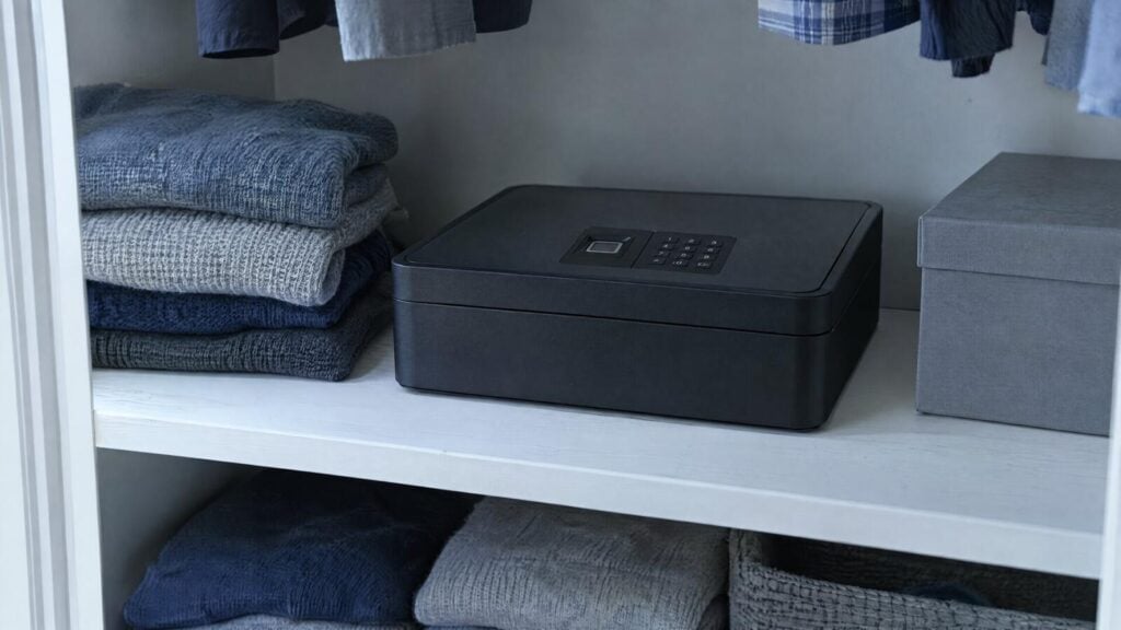 A black handgun safe with a fingerprint reader and keypad on a closet shelf beside folded sweaters