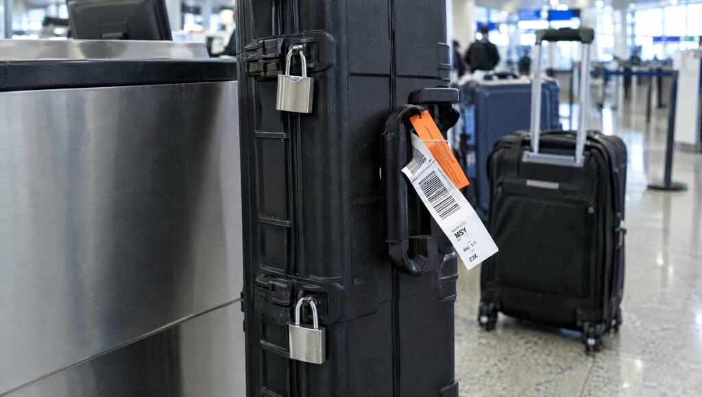 Hard long gun case with two padlocks and an airline tag at an airport check-in counter