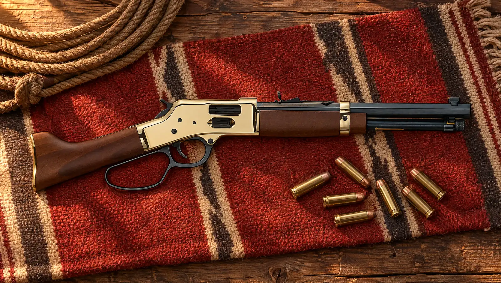 Henry Big Boy Mare's Leg lever action pistol in .44 Magnum with a polished brass receiver, side loading gate, octagon barrel, large loop lever and walnut stock lying on a striped wool saddle blanket beside a lariat and .44 Magnum cartridges