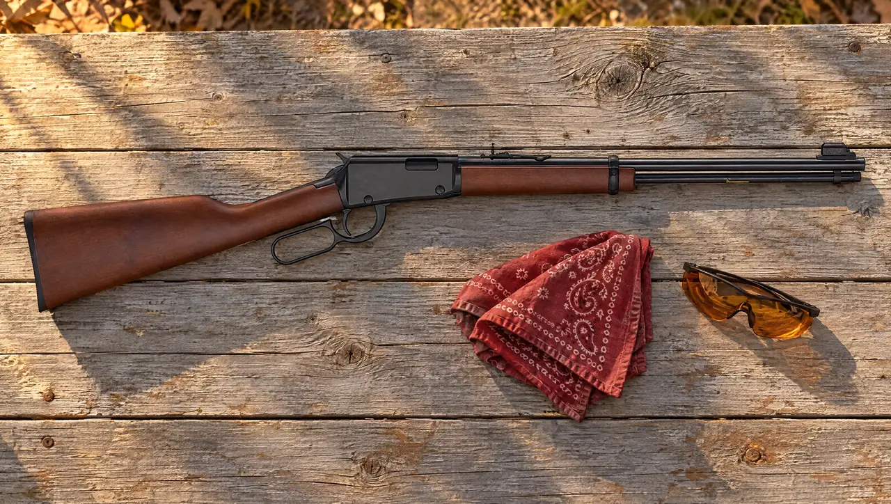 Henry Classic Lever Action .22 H001 rifle with walnut stock lying on a weathered wooden shooting bench beside a red bandana and amber shooting glasses