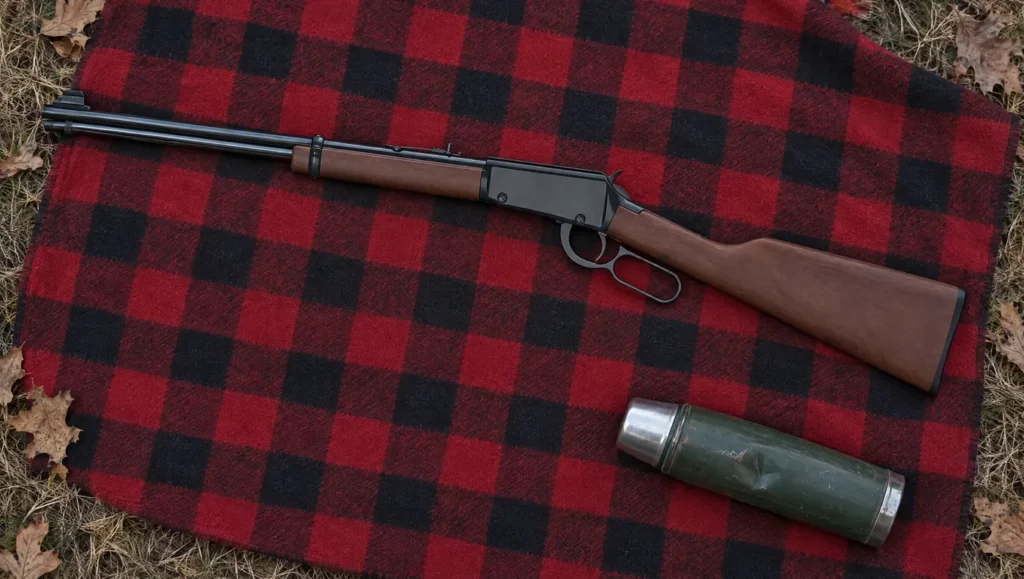 Henry H001 Classic lever action .22 rifle on a plaid blanket