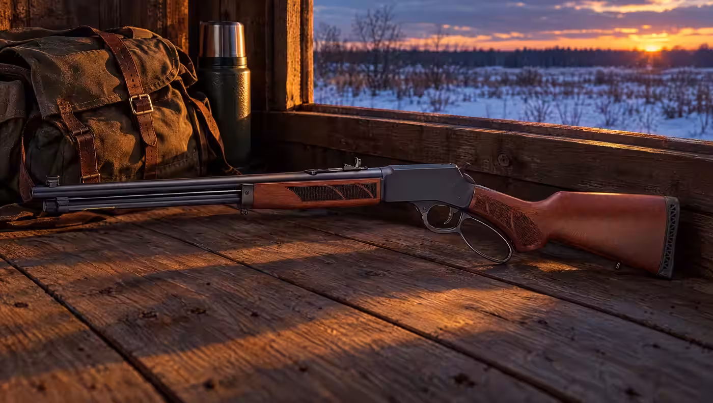 Henry H12 Provider lever action lying on the floor of a wooden hunting blind beside a daypack and thermos at dusk, snowy field outside