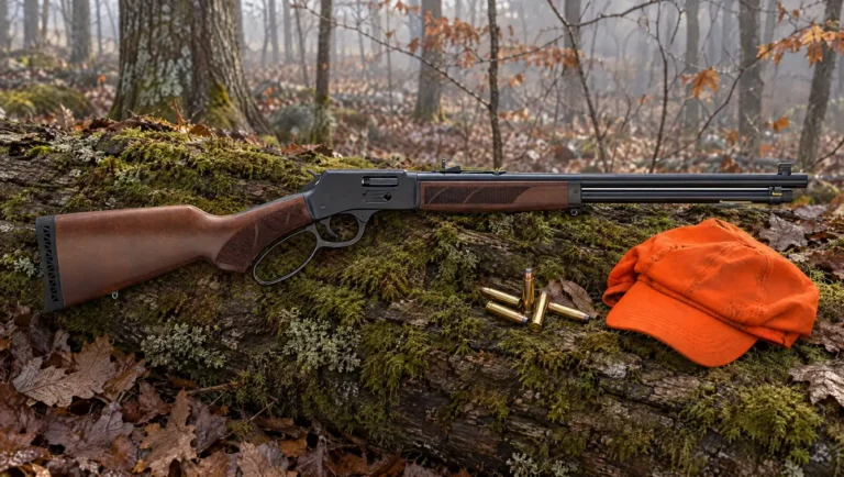 Henry H12 Provider lever action rifle with a blued steel receiver and checkered walnut pistol grip stock lying on a mossy log in an autumn forest beside .44 Magnum cartridges and a blaze orange cap