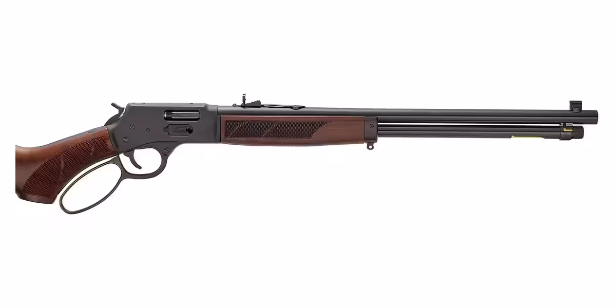 Right side of the Henry H12 Provider receiver showing the side loading gate, large loop lever and checkered walnut, Henry photo