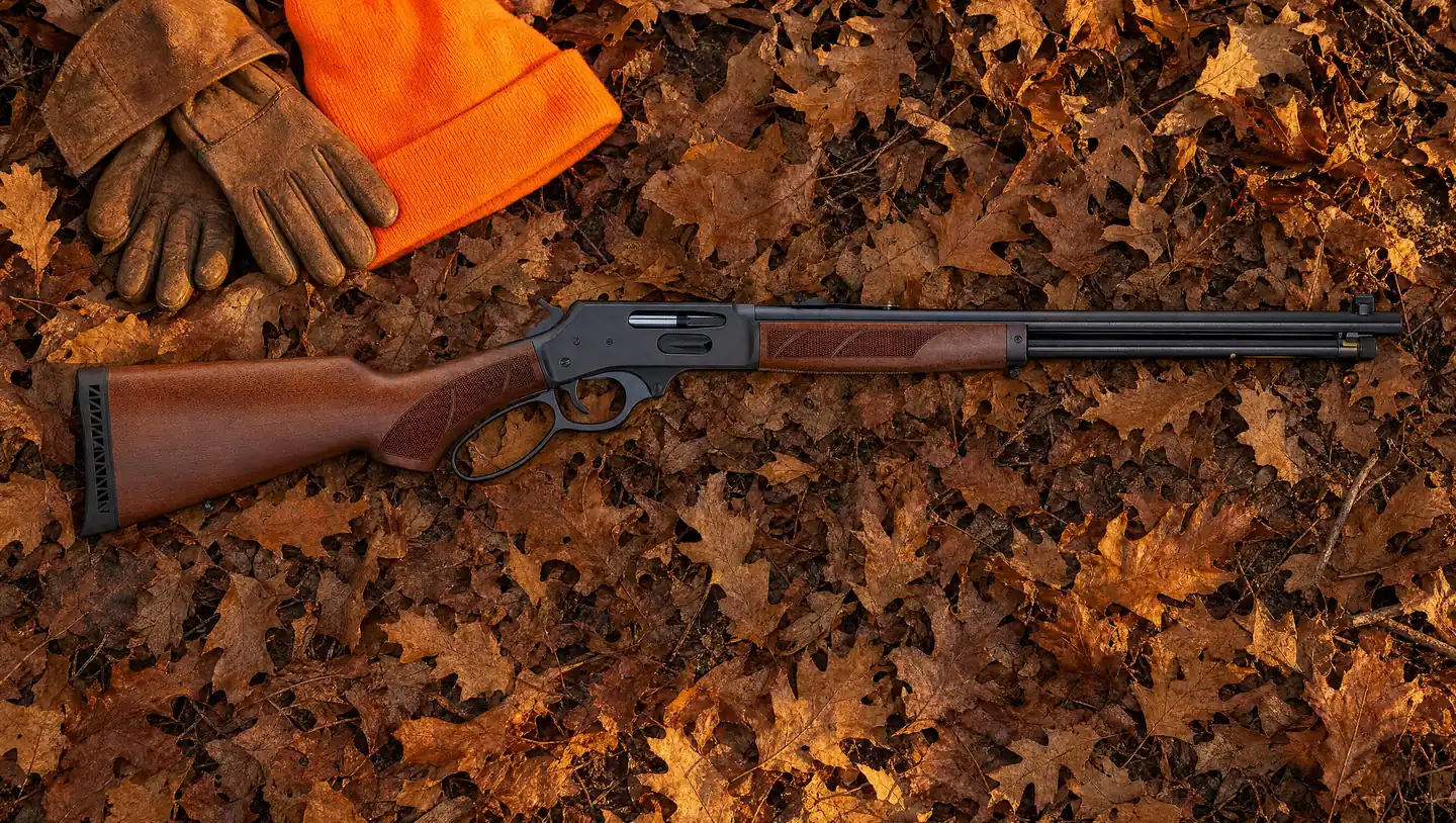 Henry H9 Provider .30-30 lever action rifle with checkered walnut pistol grip stock and blued receiver lying on autumn oak leaves beside leather gloves and a blaze orange hat