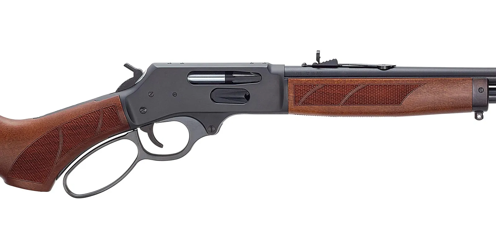 Close-up of the Henry H9 Provider blued receiver with side loading gate, large lever loop and checkered walnut pistol grip and forend, Henry photo