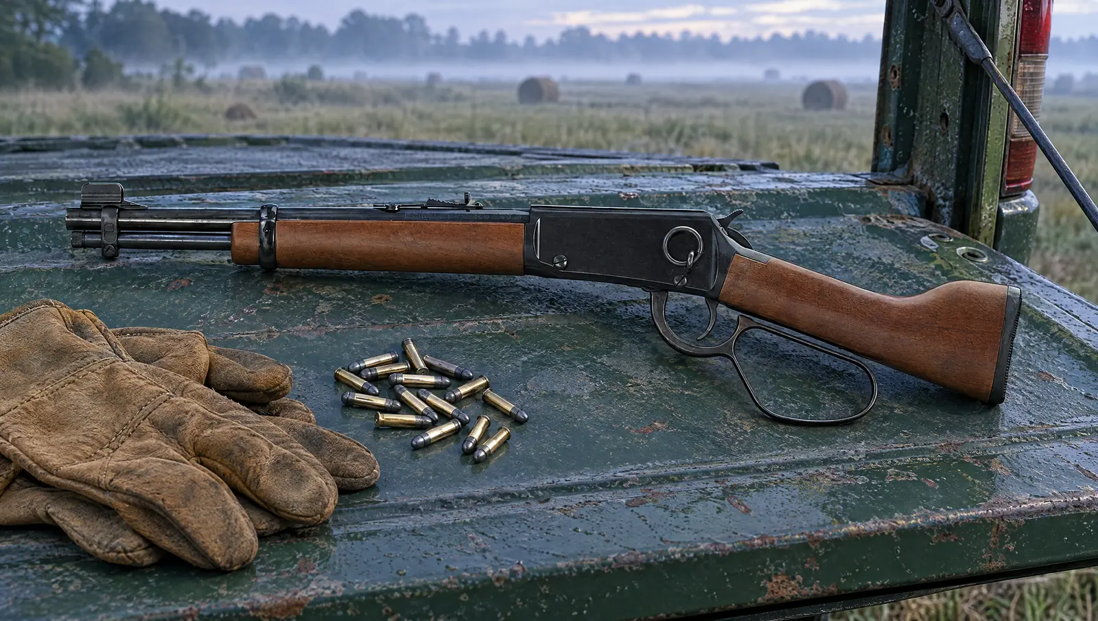 Henry Mare's Leg .22 lever action pistol with a black receiver, saddle ring, large loop lever and walnut stock lying on the tailgate of an old farm truck beside .22 Long Rifle cartridges and leather work gloves