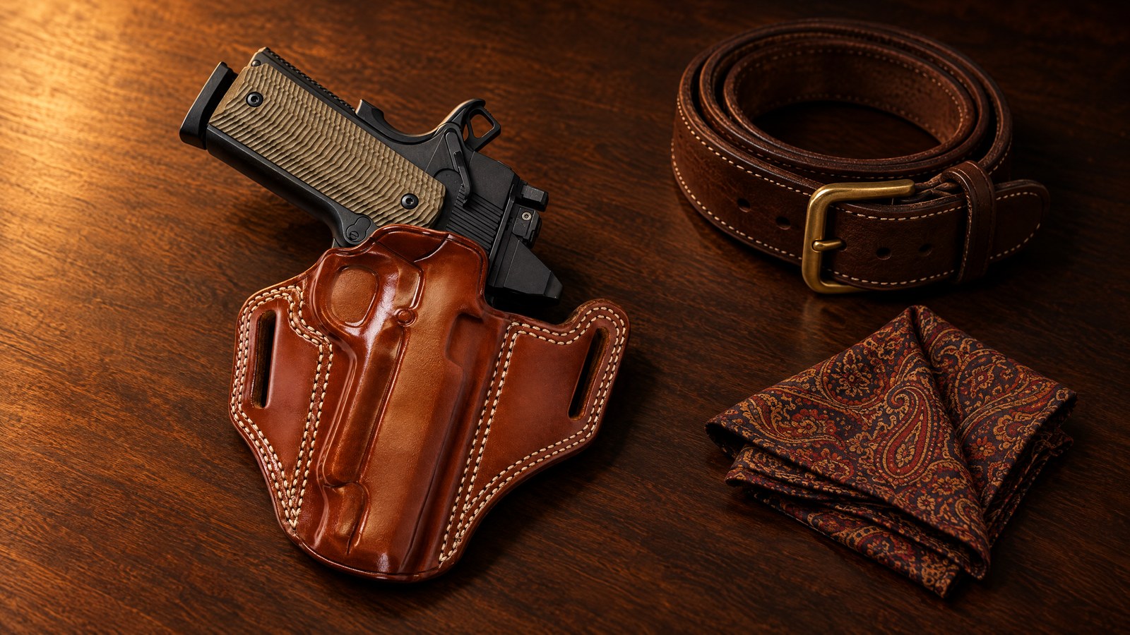 Galco Combat Master 2.0 leather holster with a 1911 and red dot lying on a walnut desk beside a leather gun belt