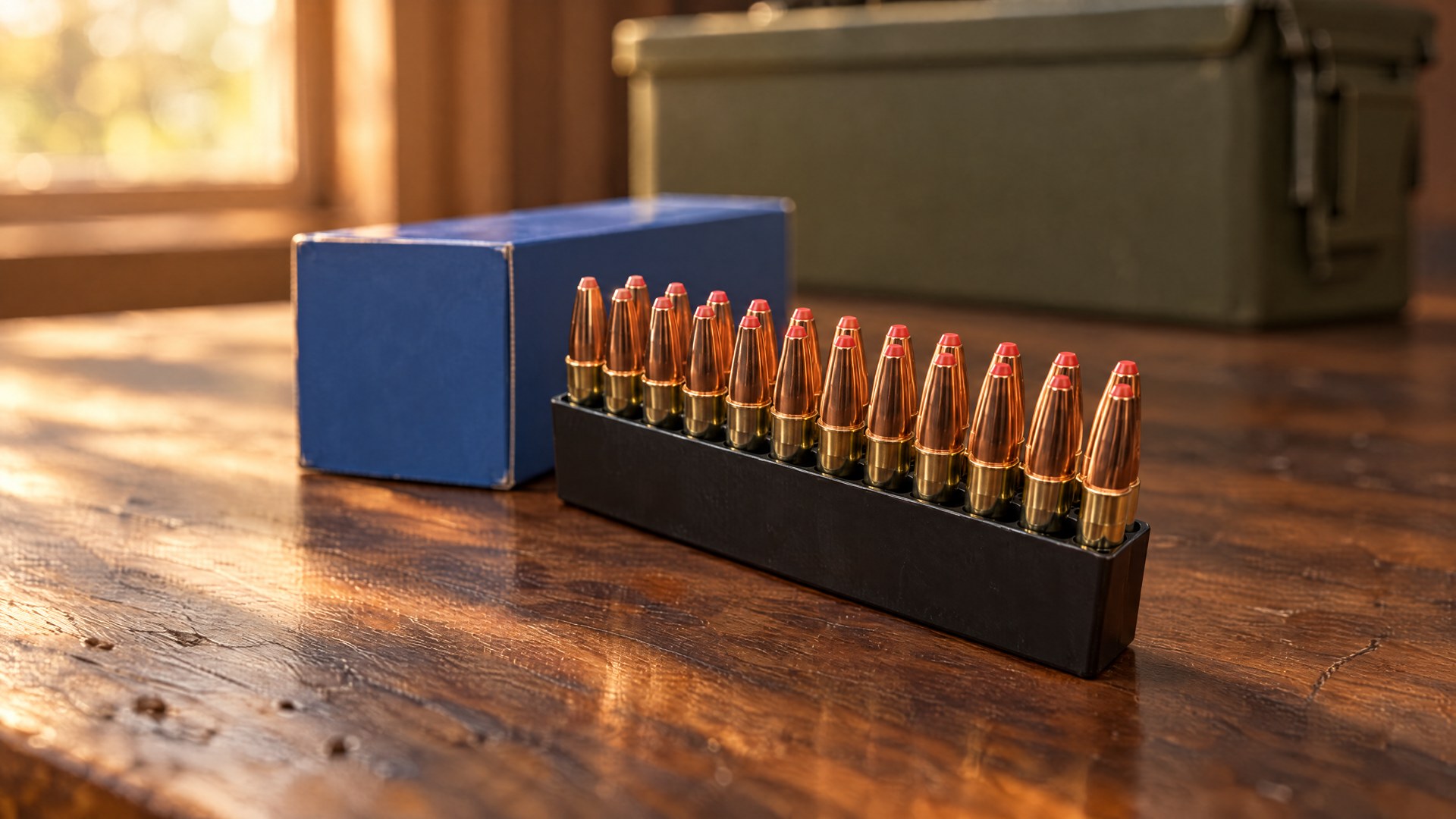 Tray of 300 Blackout subsonic cartridges with red polymer tips on a walnut workbench beside a blue ammo box and a green ammo can