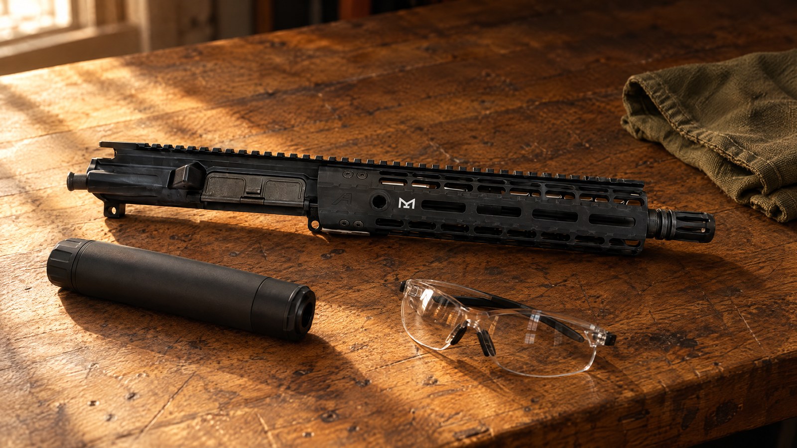 Aero Precision M4E1 300 Blackout upper lying on an oak workbench beside a suppressor, safety glasses and a rag