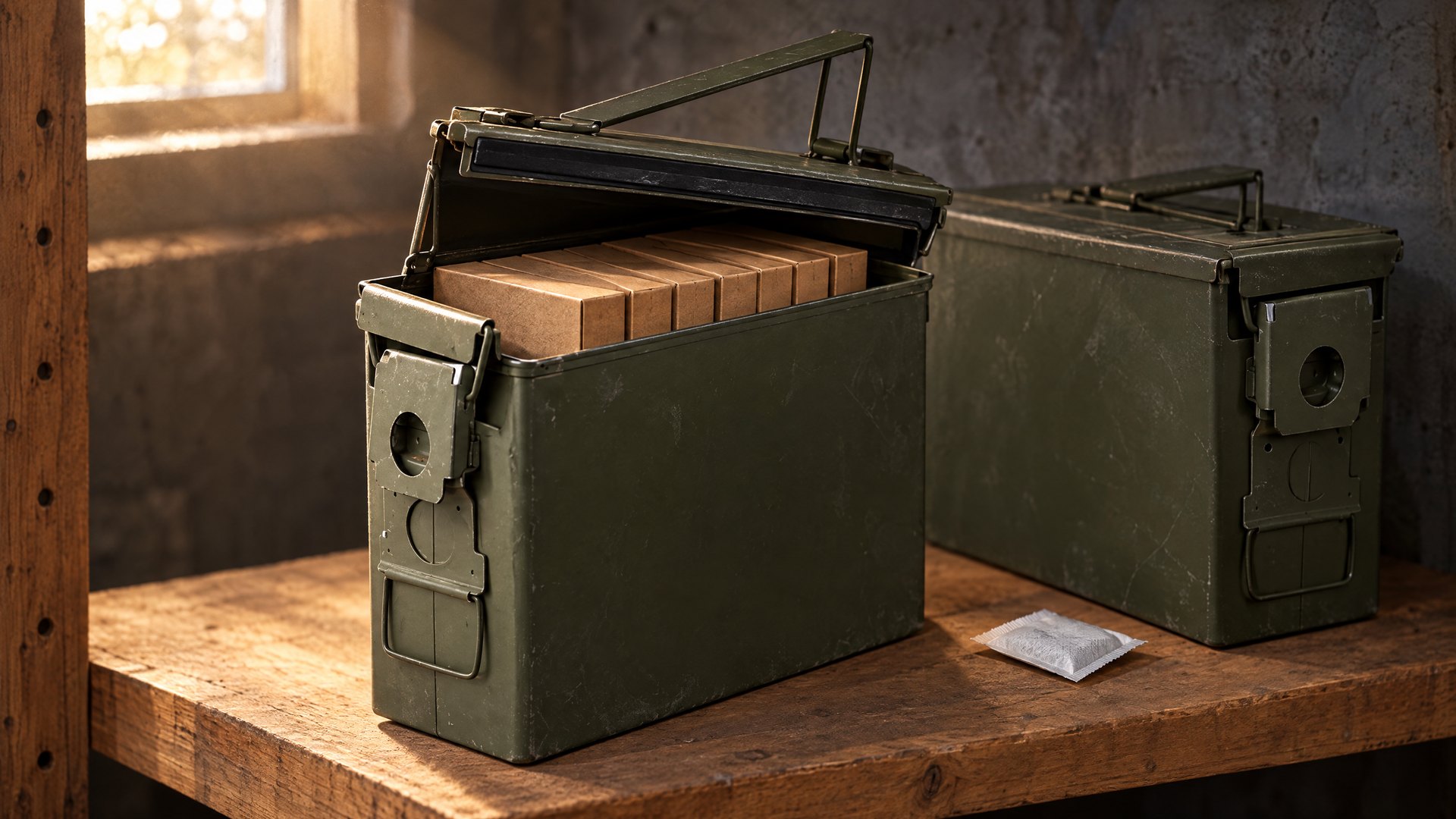 Open olive drab steel ammo can packed with ammo boxes beside a closed can and a silica gel packet on a wooden basement shelf