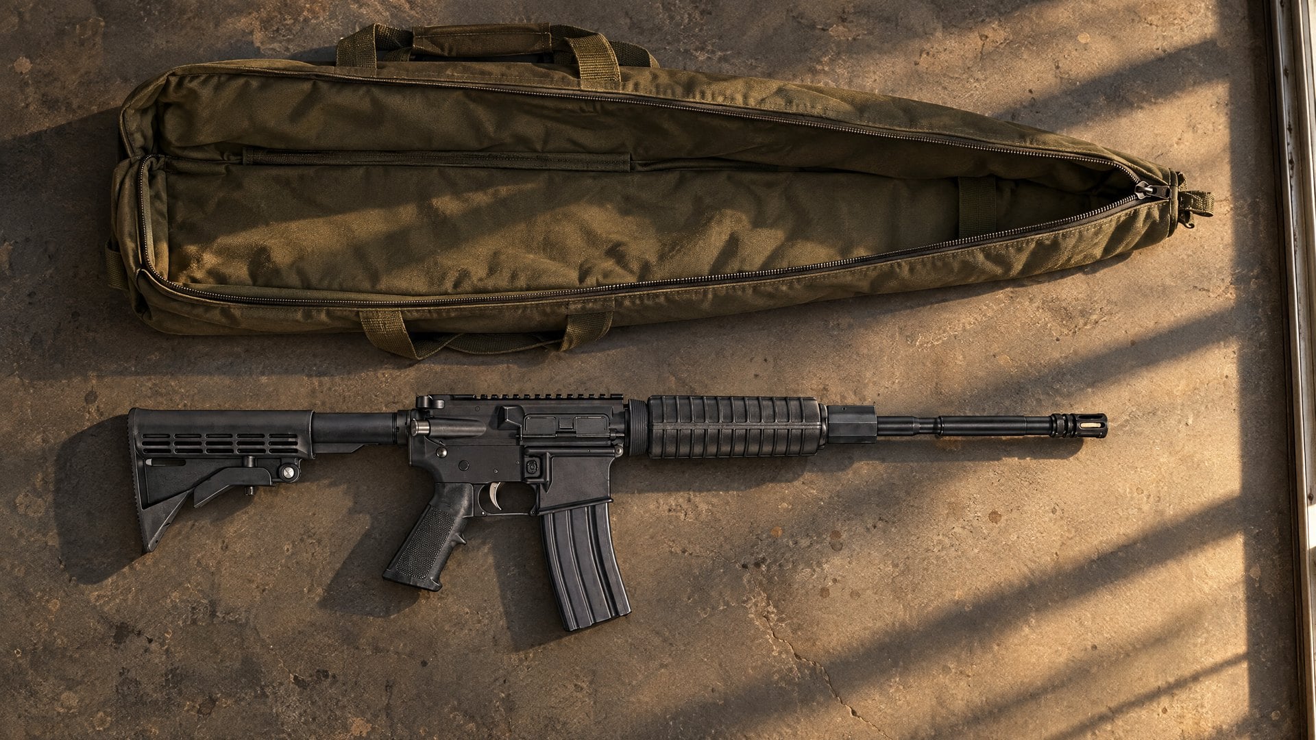 Anderson AM-15 carbine lying flat on a concrete garage floor beside an open olive rifle case, seen from above