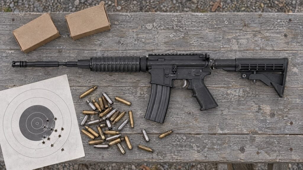 Anderson AM-15 carbine lying flat on a wooden range bench with spent brass and steel cases and a paper target