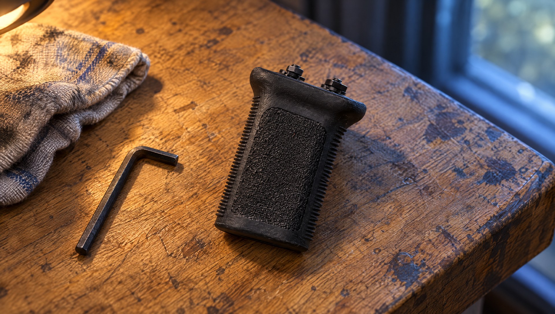 BCM Gunfighter Vertical Grip Mod 3 lying on a worn oak workbench beside a hex key and a shop rag