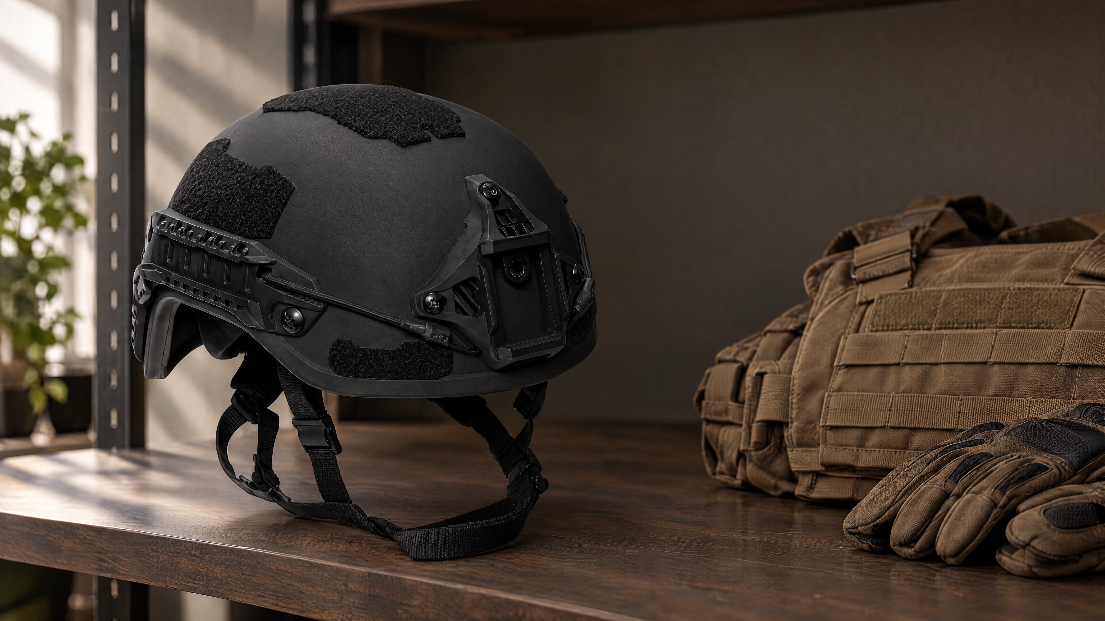 Black high-cut ballistic helmet on a wooden gear shelf beside a coyote plate carrier and tactical gloves