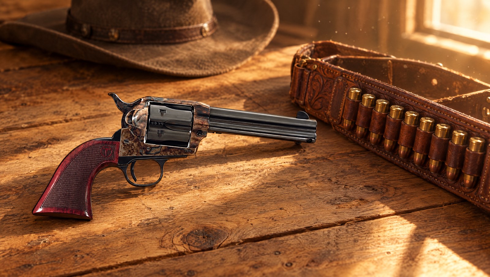 Taylors and Company Smoke Wagon single action revolver on a pine table beside a leather cartridge belt and cowboy hat