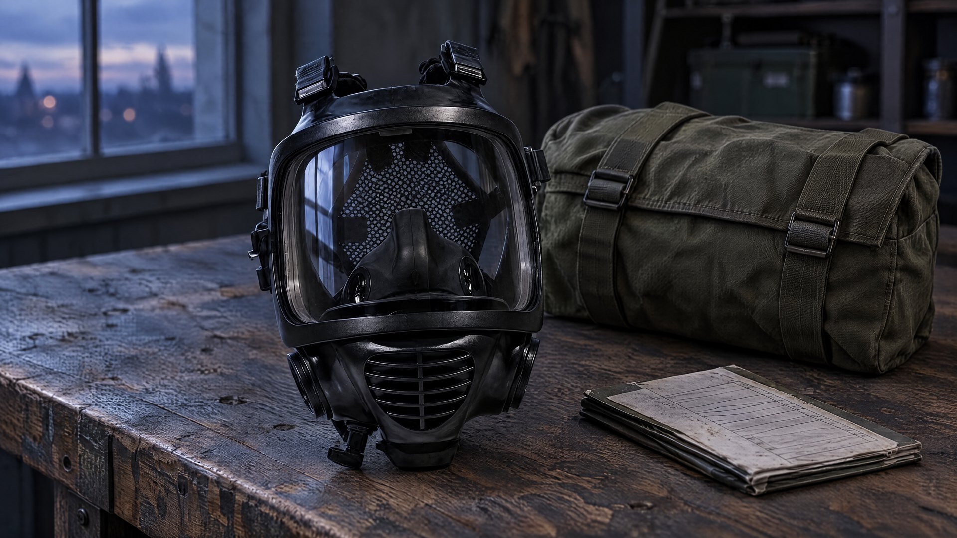 MIRA Safety CM-6M full-face gas mask on a workbench next to a canvas bag and an emergency checklist