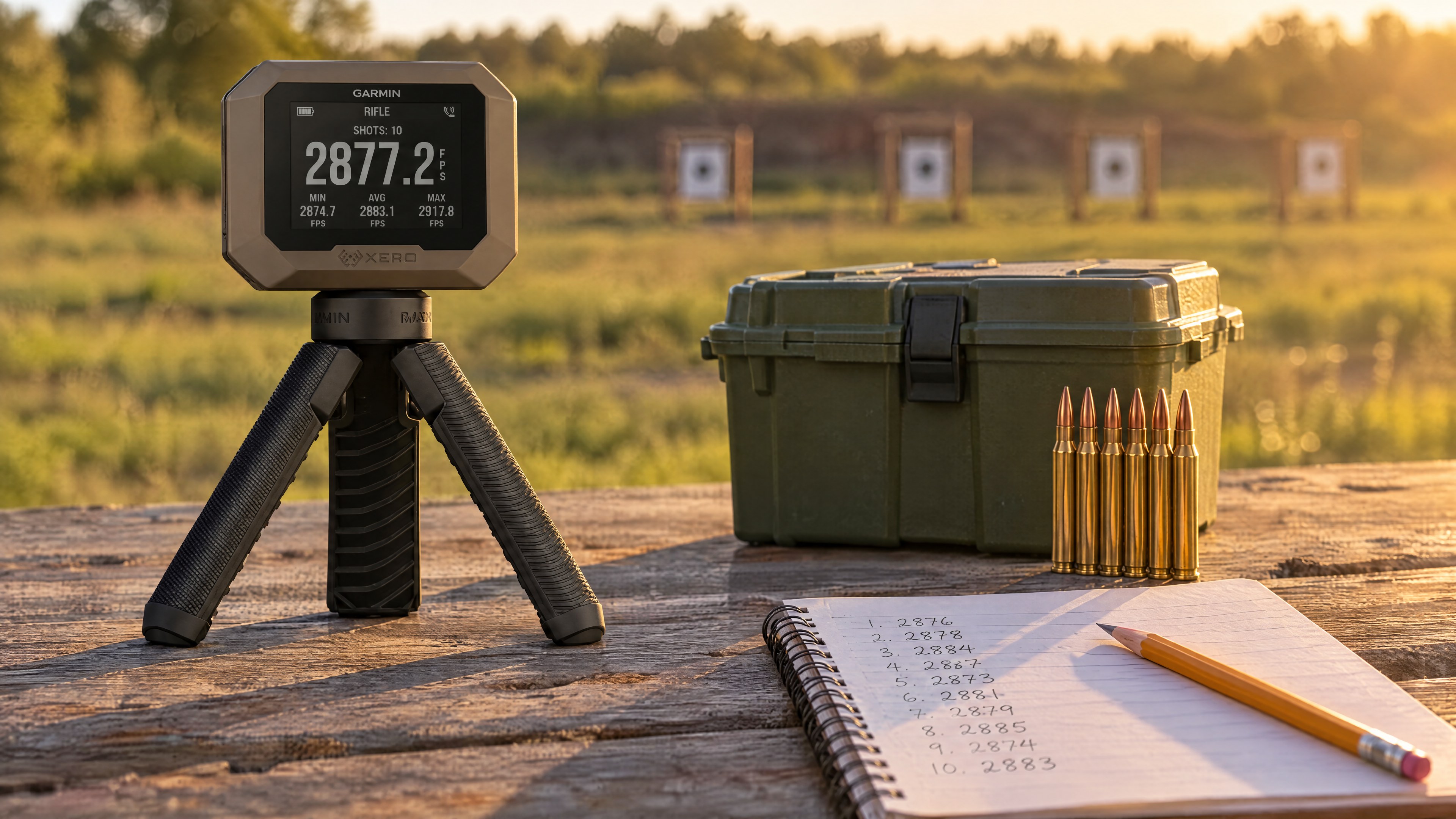 Garmin Xero C1 Pro radar chronograph on a wooden shooting bench beside an ammo box, rifle cartridges and a notebook of velocity readings