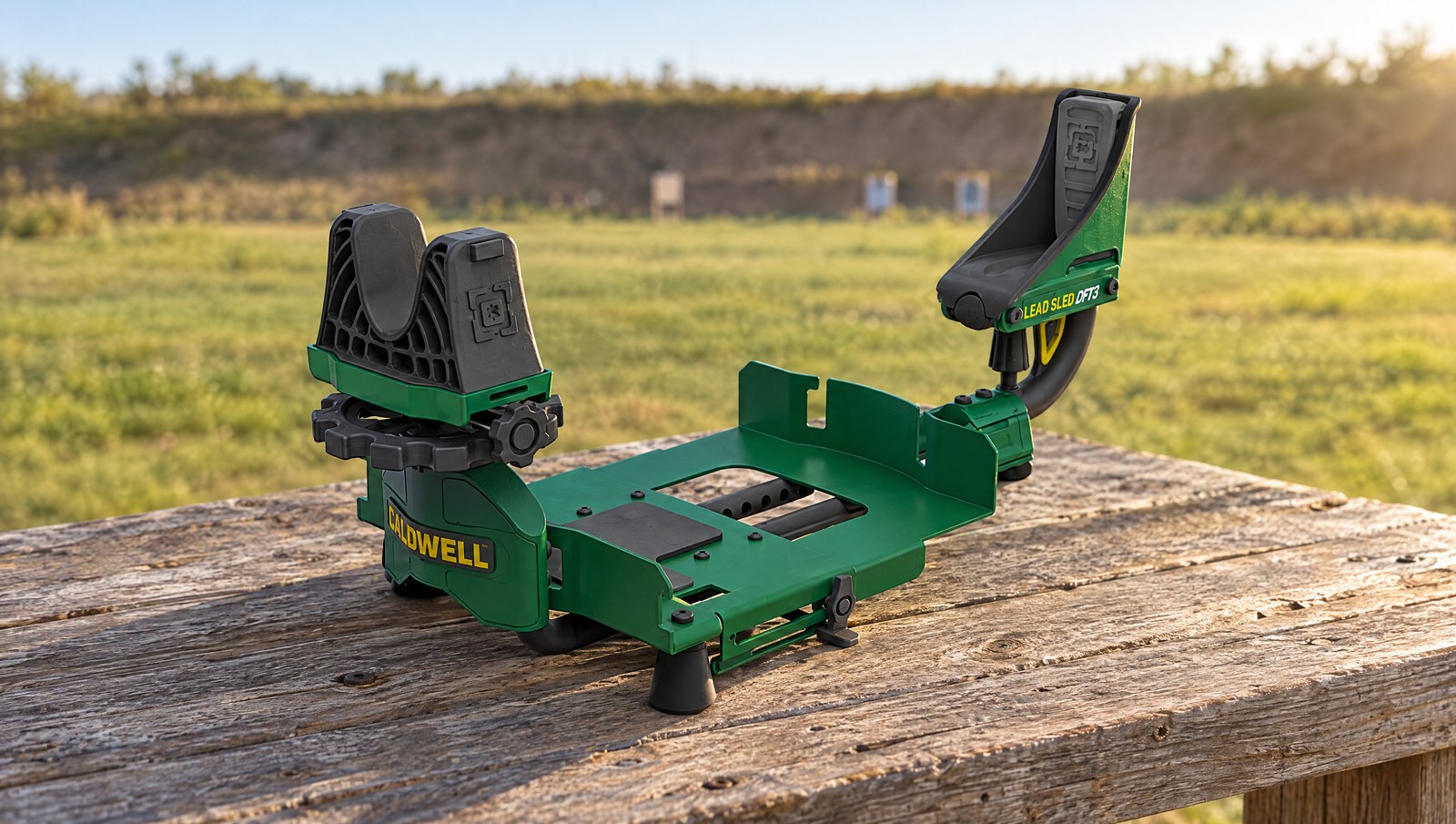Caldwell Lead Sled DFT 3 shooting rest on a wooden bench at an outdoor range in morning light