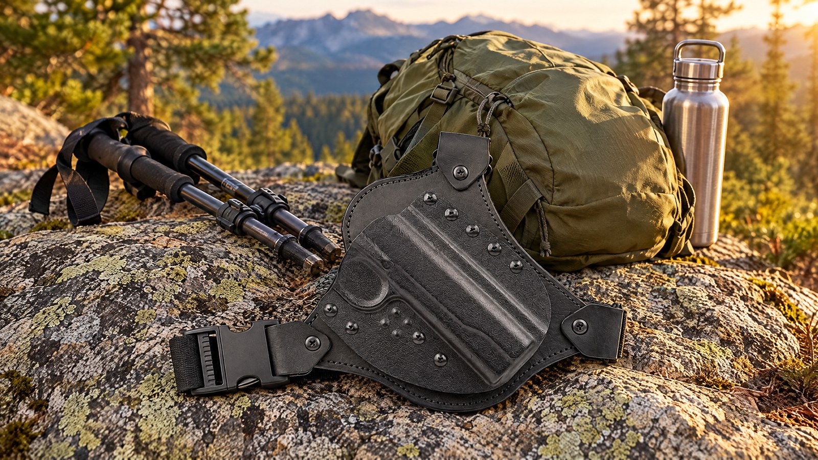 Empty CrossBreed leather and Kydex chest holster rig lying on a granite boulder beside trekking poles, a daypack and a water bottle