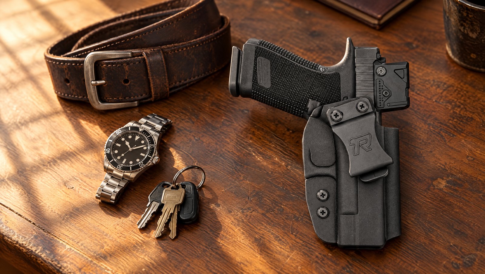 Rounded by Concealment Express IWB Kydex holster with a Glock on a walnut desk beside a leather belt, watch and keys