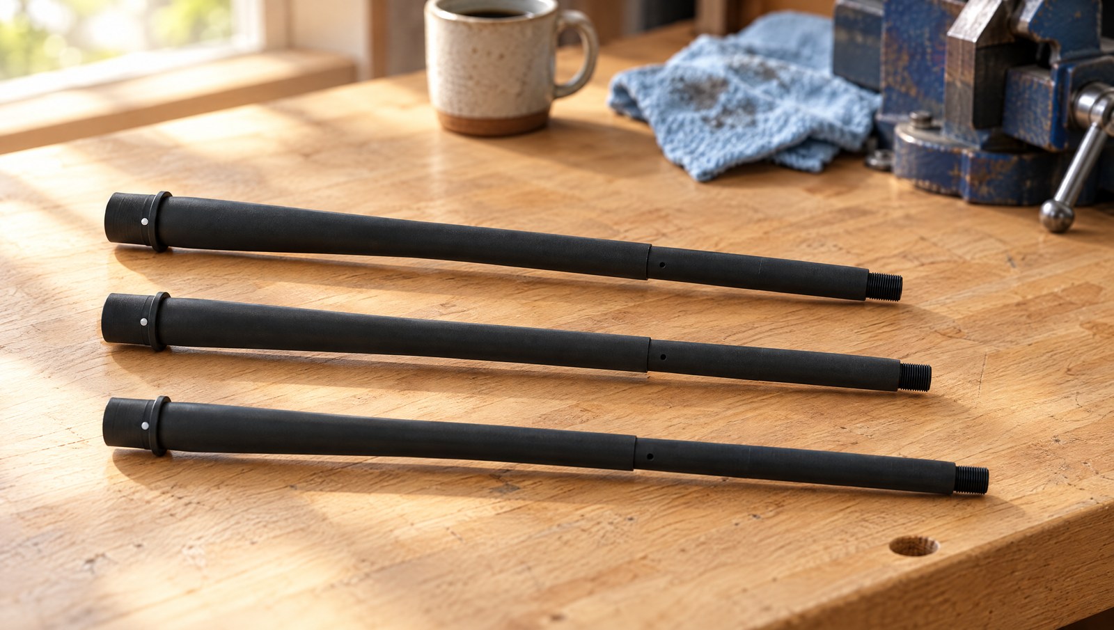 Three Criterion CORE Series AR-15 barrels in 13.9, 14.5 and 16 inch lengths on an oak workbench