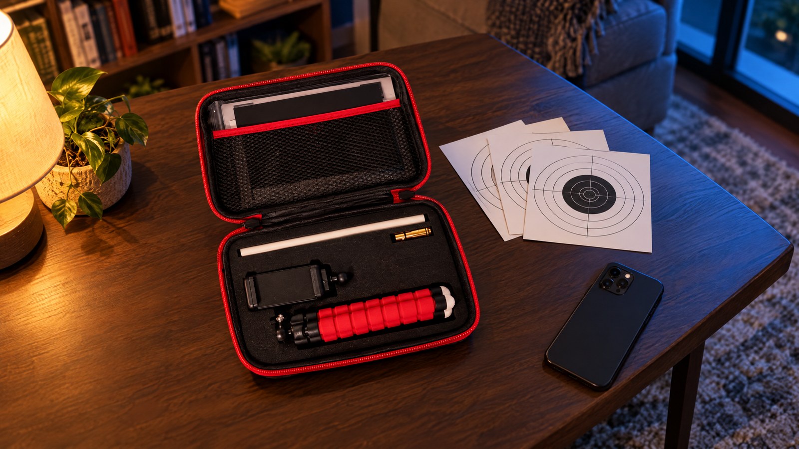 Open Mantis Laser Academy dry fire training kit on a living room coffee table with paper targets and a smartphone