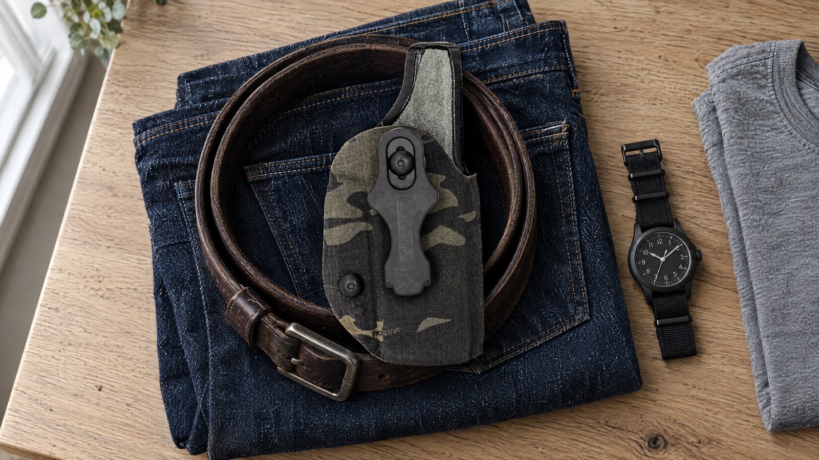 Safariland Species IWB holster for the Glock 19 lying on a leather gun belt and folded jeans beside a watch