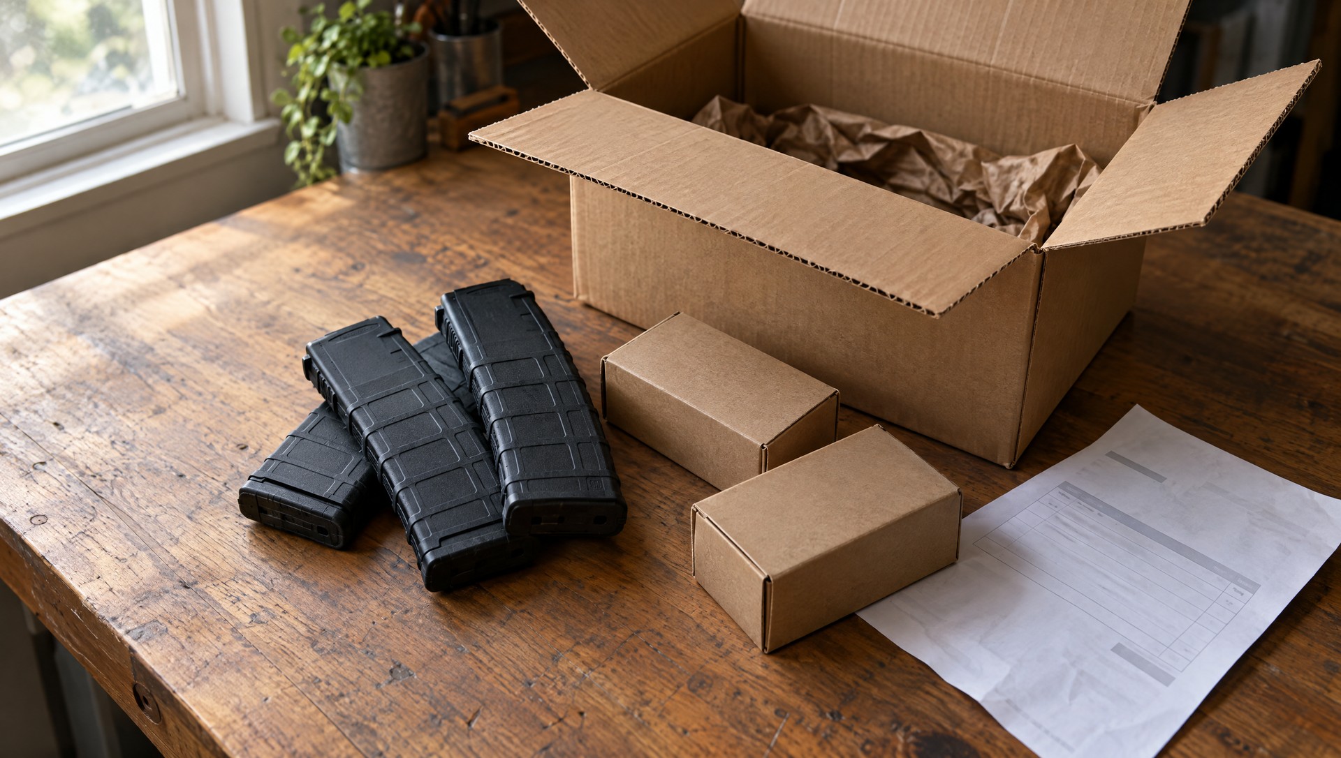 Opened shipping box on a workbench with three rifle magazines, two boxes of ammunition and a packing slip
