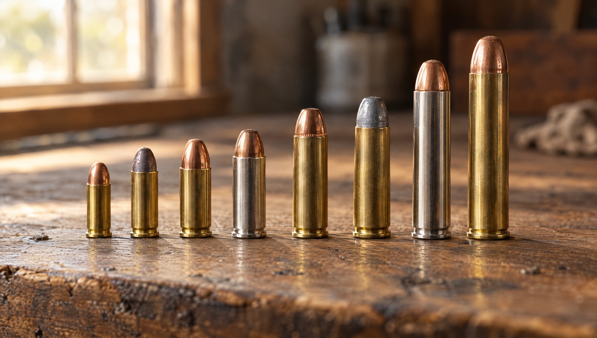 Eight pistol and revolver cartridges lined up from smallest to largest on an oak bench