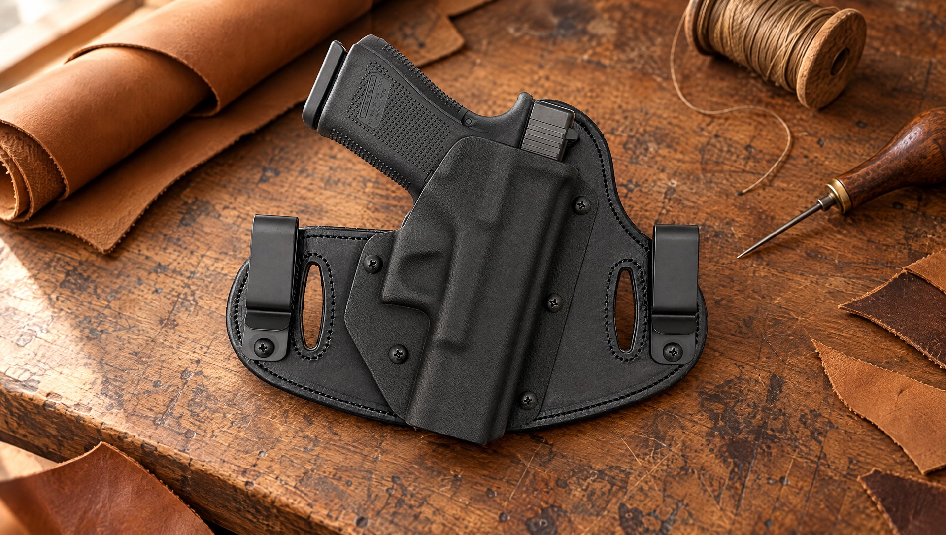 Hidden Hybrid Holsters IWB and OWB Double Clip holster with a Glock on a leatherworking bench