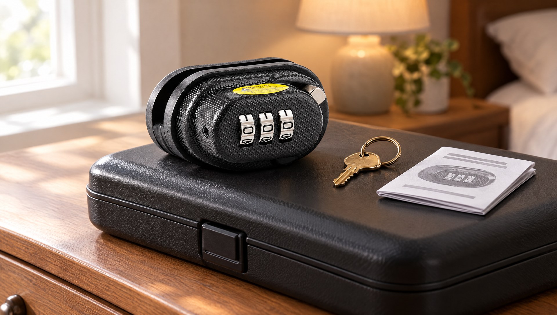 Master Lock 94DSPT combination trigger lock resting on a closed hard storage case on a bedroom dresser
