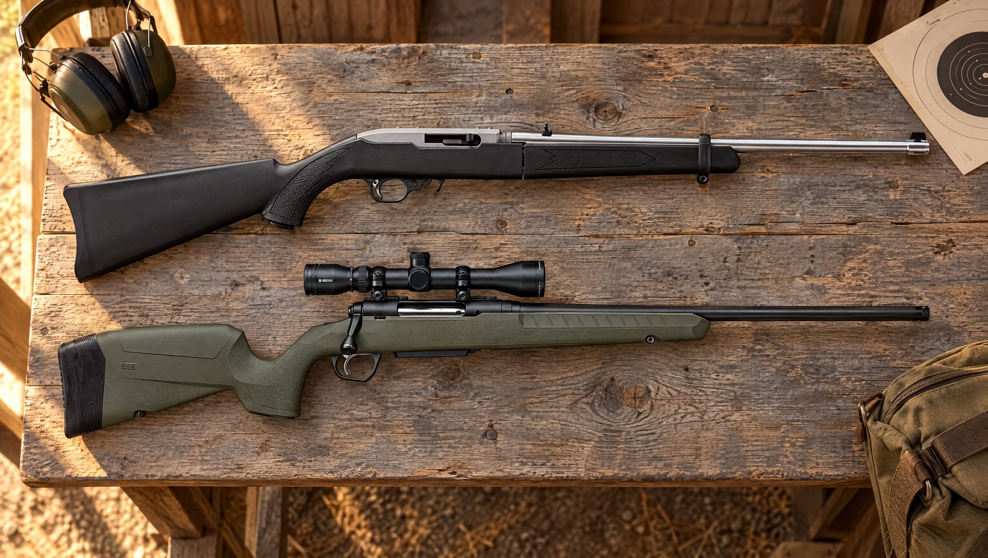 A stainless and black Ruger 10/22 Takedown rimfire rifle and an OD green Savage Axis 2 XP centerfire bolt-action rifle with a scope lying flat on a weathered barn-wood bench