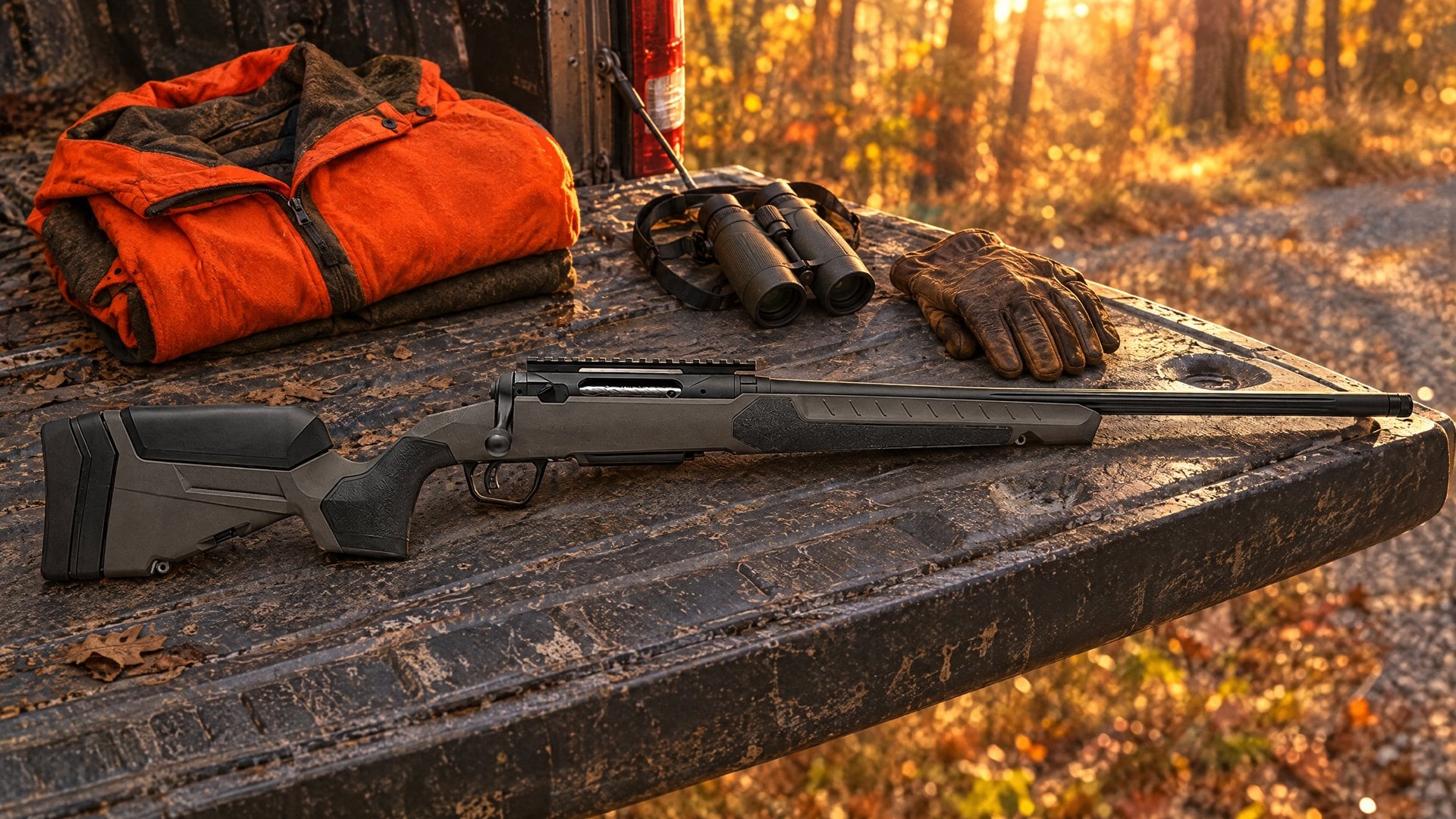 Savage 110 Core Hunter rifle lying on a pickup tailgate beside a blaze orange jacket, binoculars and gloves at golden hour