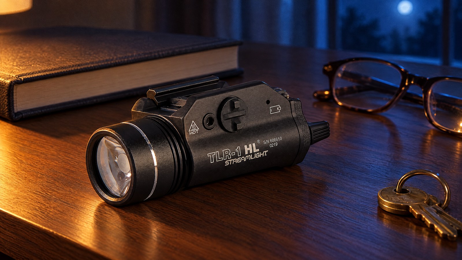 Streamlight TLR-1 HL pistol light lying on a walnut nightstand at night beside a book, reading glasses and keys