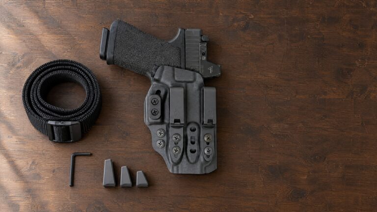 Tenicor VELO5 appendix holster with pistol lying flat on a walnut workbench beside a gun belt, hex key and three camming bars