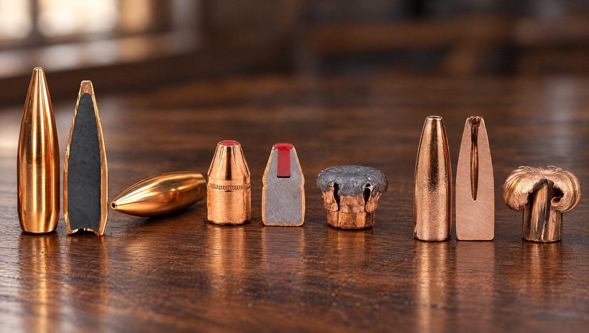 A row of bullets on a walnut bench: FMJ rifle bullets whole and cut in half to show the lead core, a red-tipped hollow point whole, sectioned and expanded, and a solid copper bullet whole, sectioned and expanded into four petals