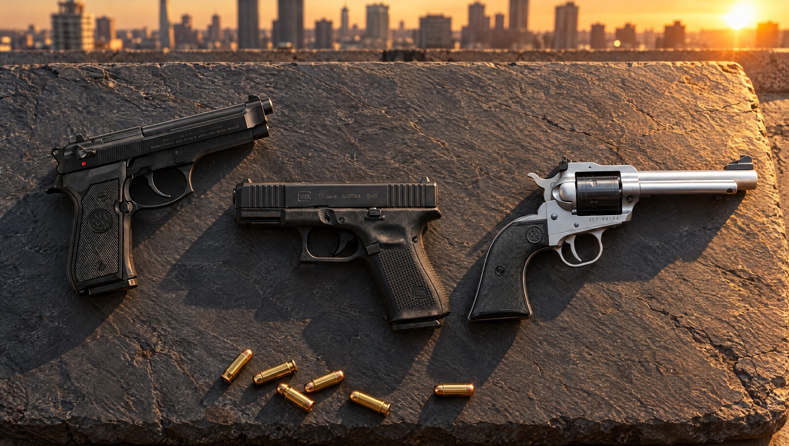 Three handguns with three different safety systems: a Beretta 92FS with its slide-mounted safety and decocker, a Glock 19 with its trigger safety, and a Ruger single action revolver with a transfer bar