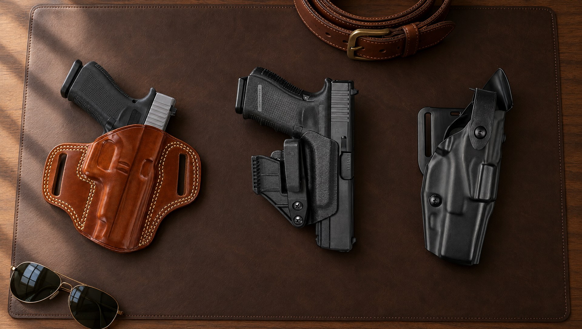 A tan Galco Combat Master leather pancake holster and a black Mission First Tactical appendix IWB holster, each holding a Glock, beside an empty black Safariland 6360 duty holster on a brown leather desk blotter