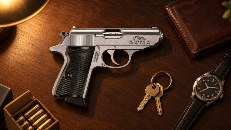 Stainless Walther PPK/S in .32 ACP on a walnut desk with a leather wallet, keys and a wristwatch