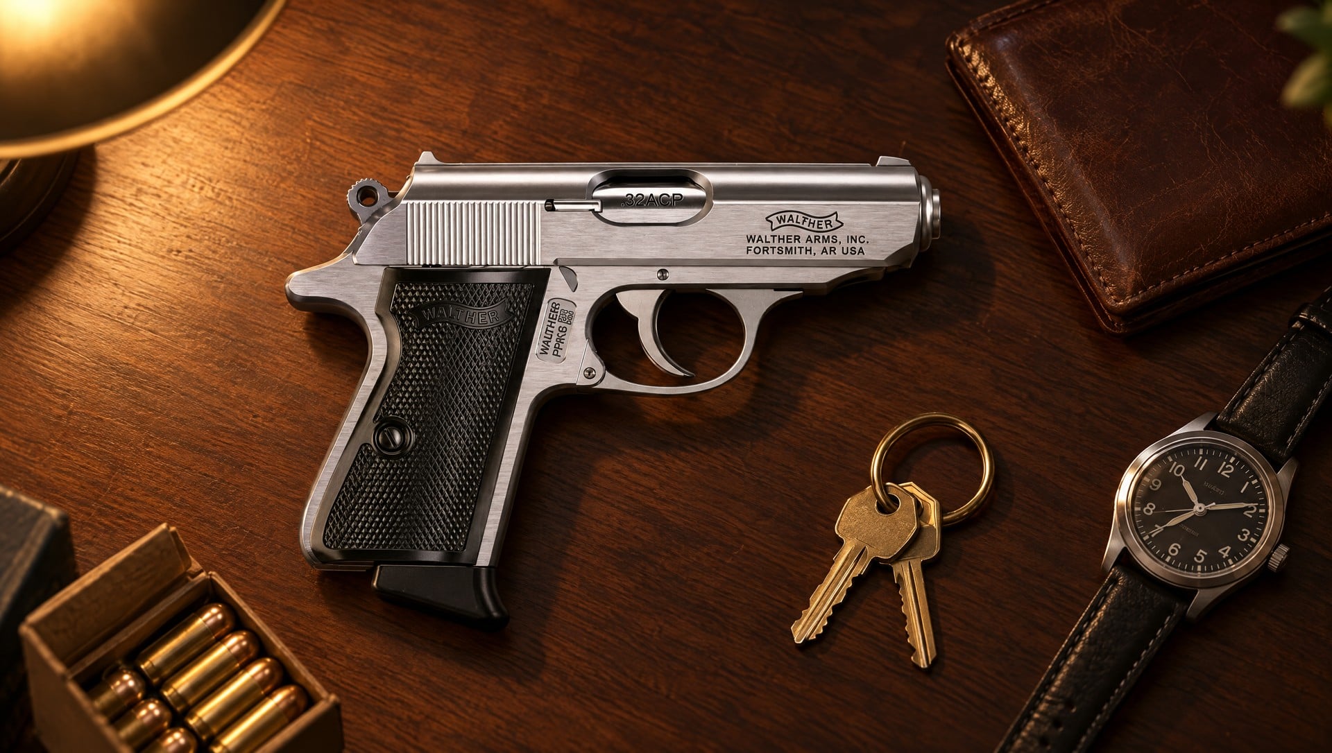 Stainless Walther PPK/S in .32 ACP on a walnut desk with a leather wallet, keys and a wristwatch