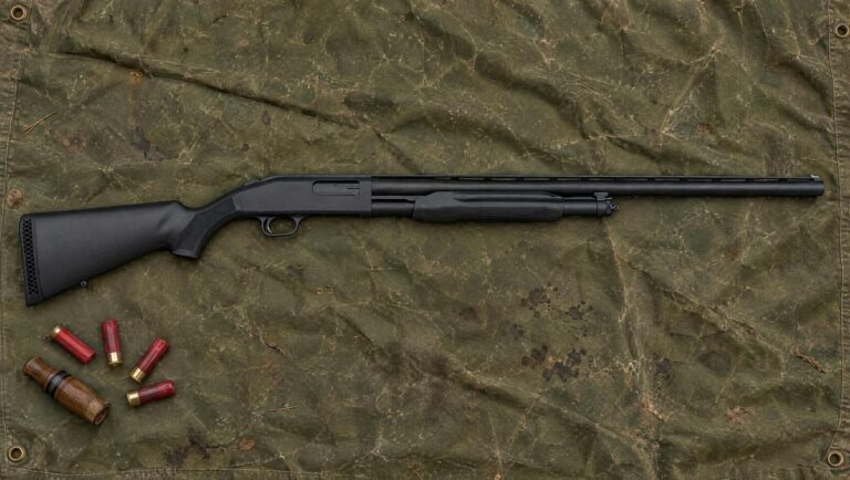 Mossberg 500 All Purpose Field 12 gauge pump shotgun with 28-inch barrel and black synthetic stock lying flat on an olive canvas tarp beside shotgun shells and a duck call